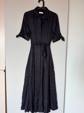 Calvin Klein Black Textured Maxi Shirt Dress with Tie Waist